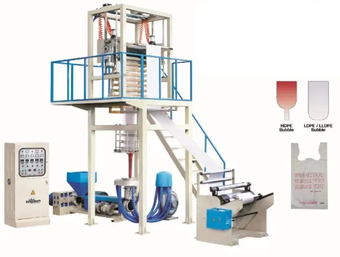 Variety of plastic bags including recyclable and biodegradable options produced by a bag-making machine