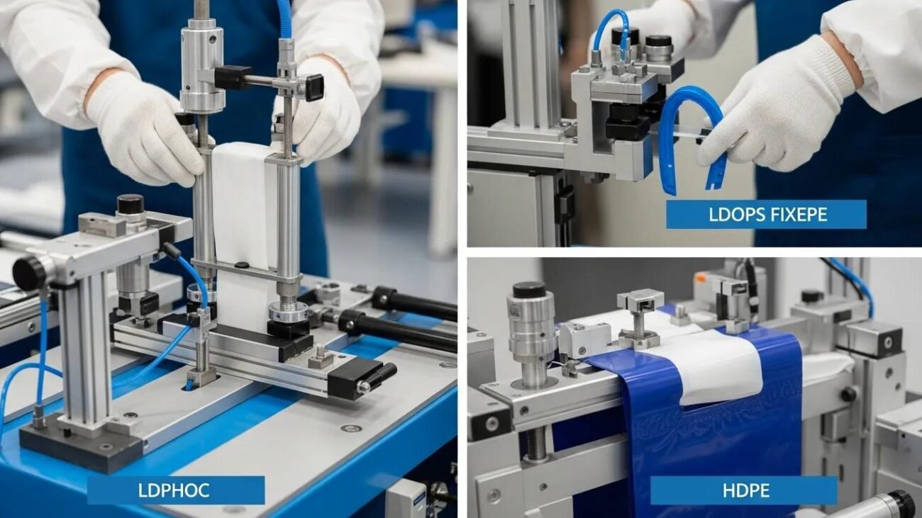 Close-up of technology for fixing loop handles on bags, highlighting materials like LDPE and HDPE