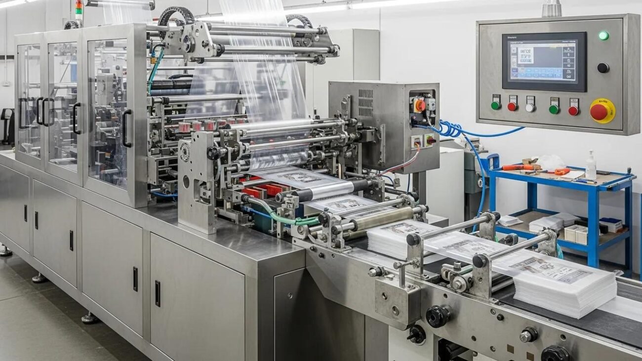 Modern double line bag-making machine in a factory, highlighting efficiency and advanced technology
