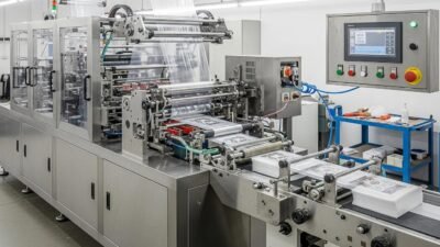 Modern double line bag-making machine in a factory, highlighting efficiency and advanced technology