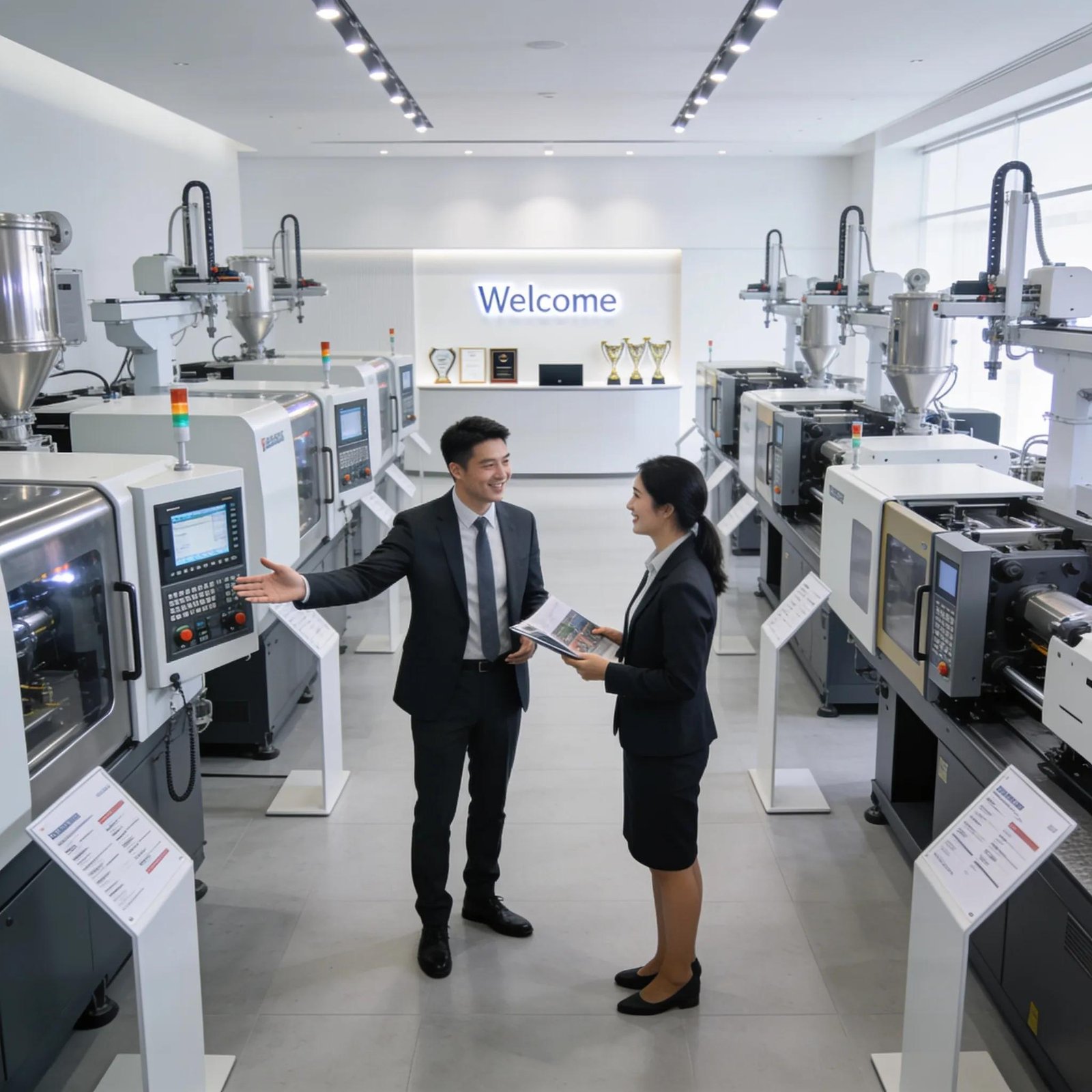 Display of plastic bag manufacturing machinery in a Buenos Aires showroom, emphasizing quality and service